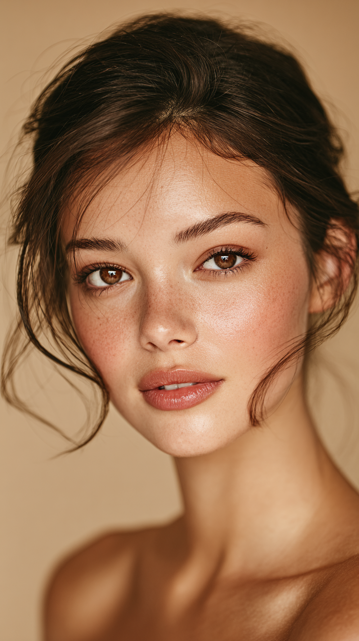 Close-up portrait of a woman with brown hair and freckles, with soft lighting