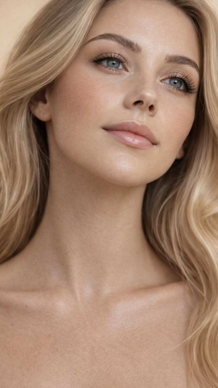 Close-up portrait of a woman with blonde hair and blue eyes