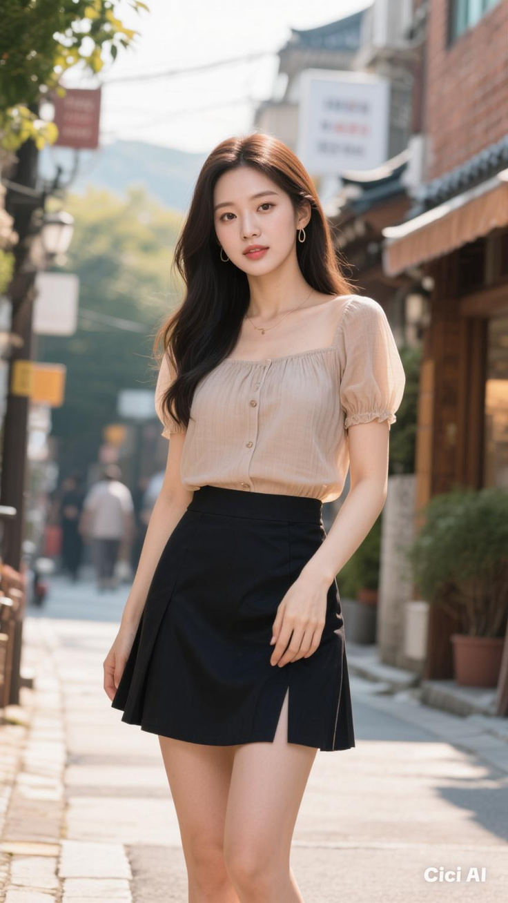 Woman with long dark hair wearing a blouse and black skirt on a street