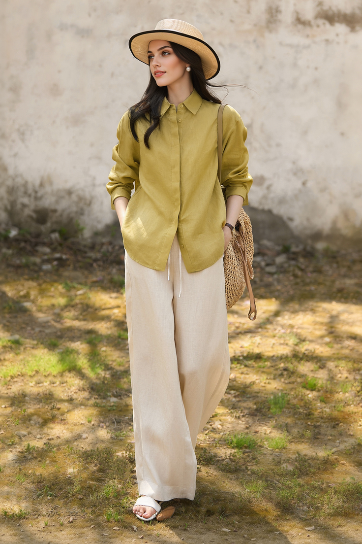Woman in a straw hat and linen outfit standing outdoors