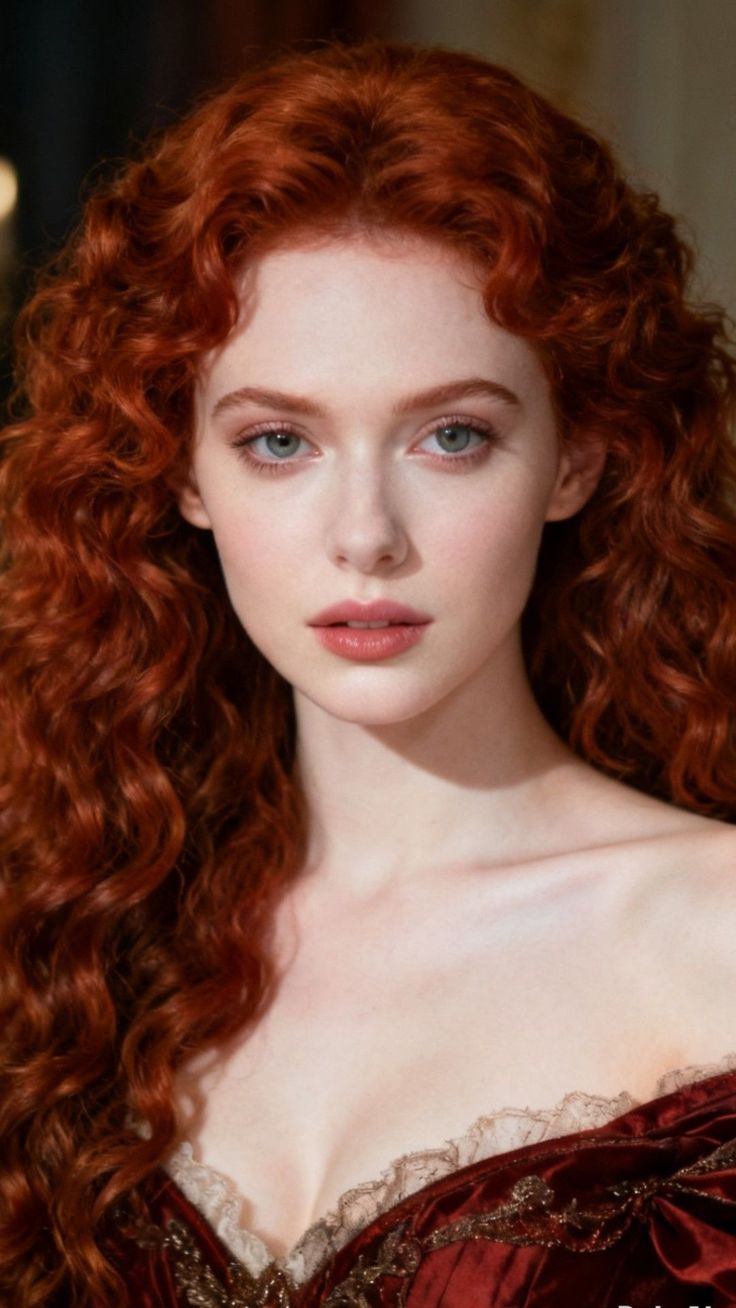 Woman with long red curly hair in a red dress with exposed shoulders and cleavage