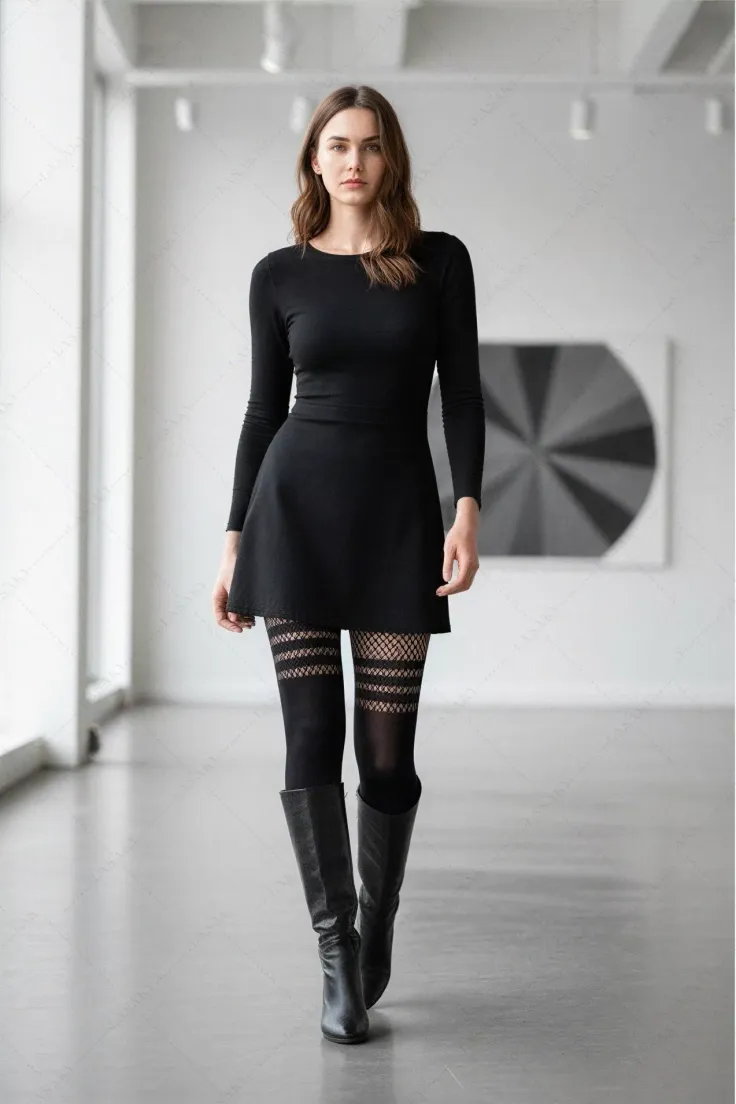 Woman in a black dress and fishnet stockings walking indoors