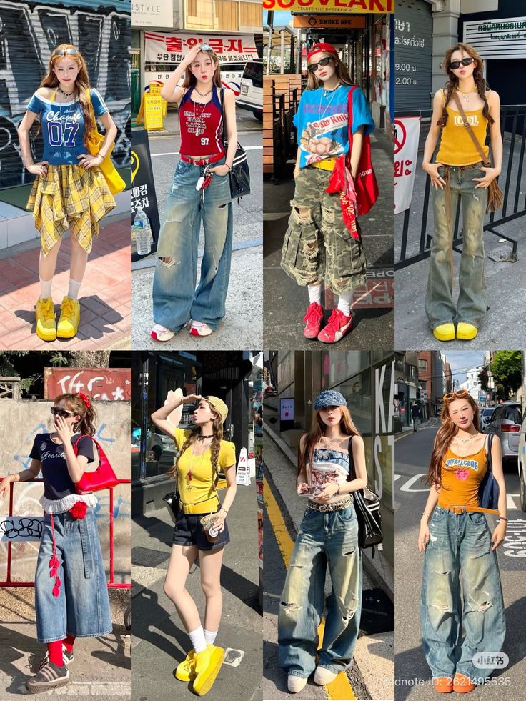 Multiple women posing in various street style outfits with ripped jeans and crop tops