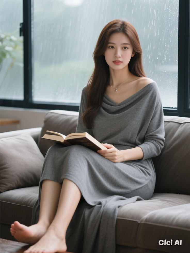 Woman with long hair in a gray dress sitting on a couch and reading a book