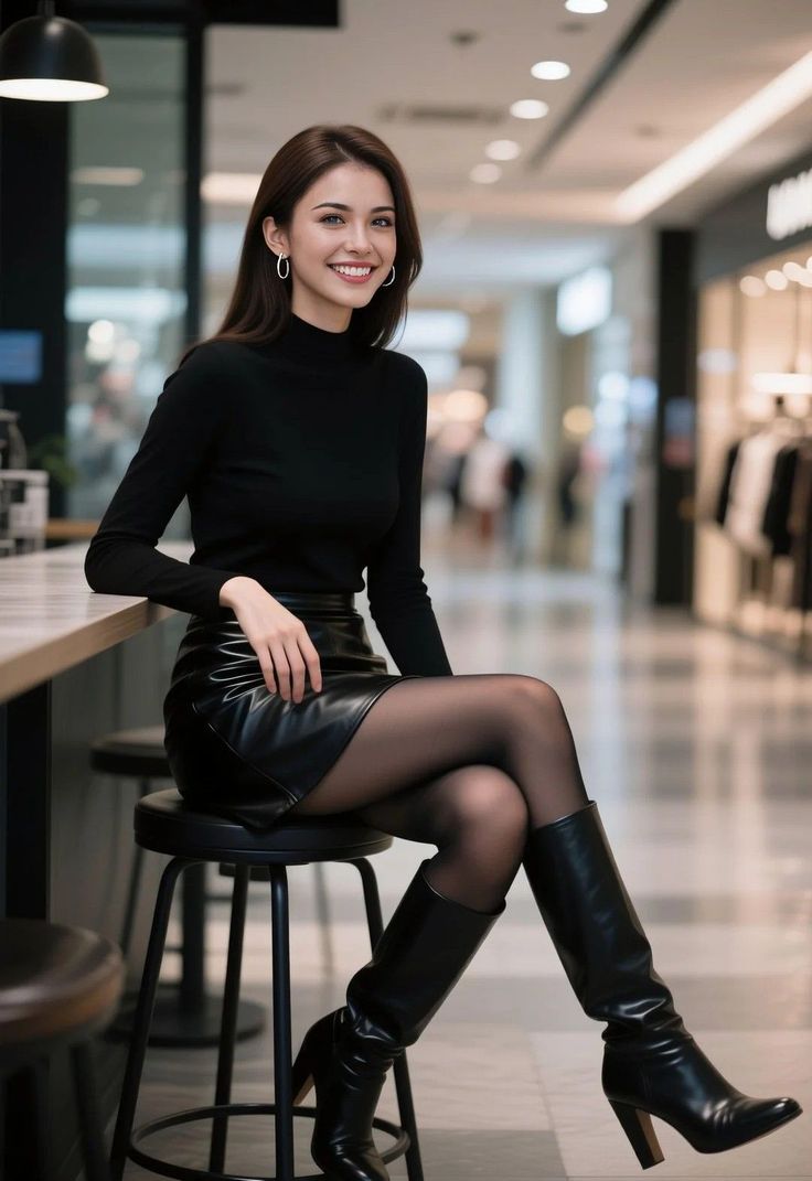 Woman in a black turtleneck and leather skirt sitting on a stool indoors