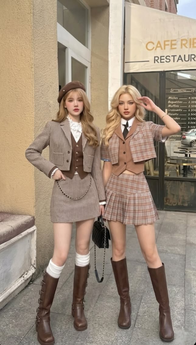 Two women in matching plaid outfits and brown boots standing outside a cafe