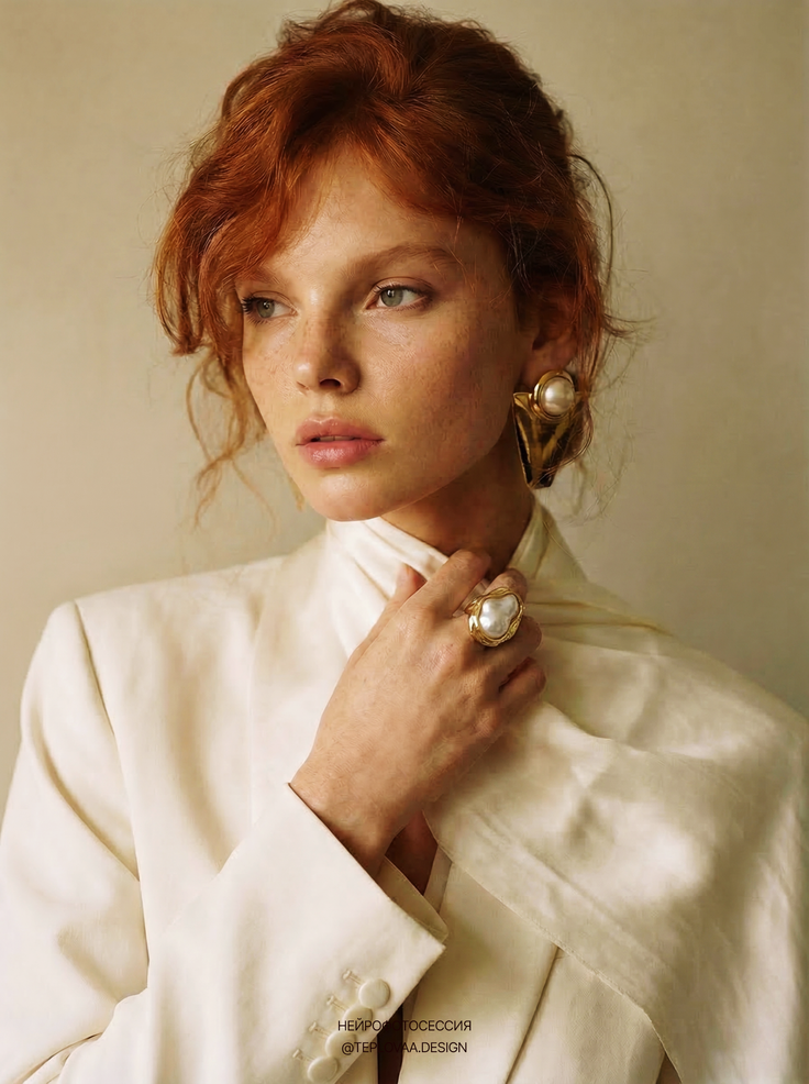 Woman with red hair and freckles wearing a white blazer and pearl jewelry