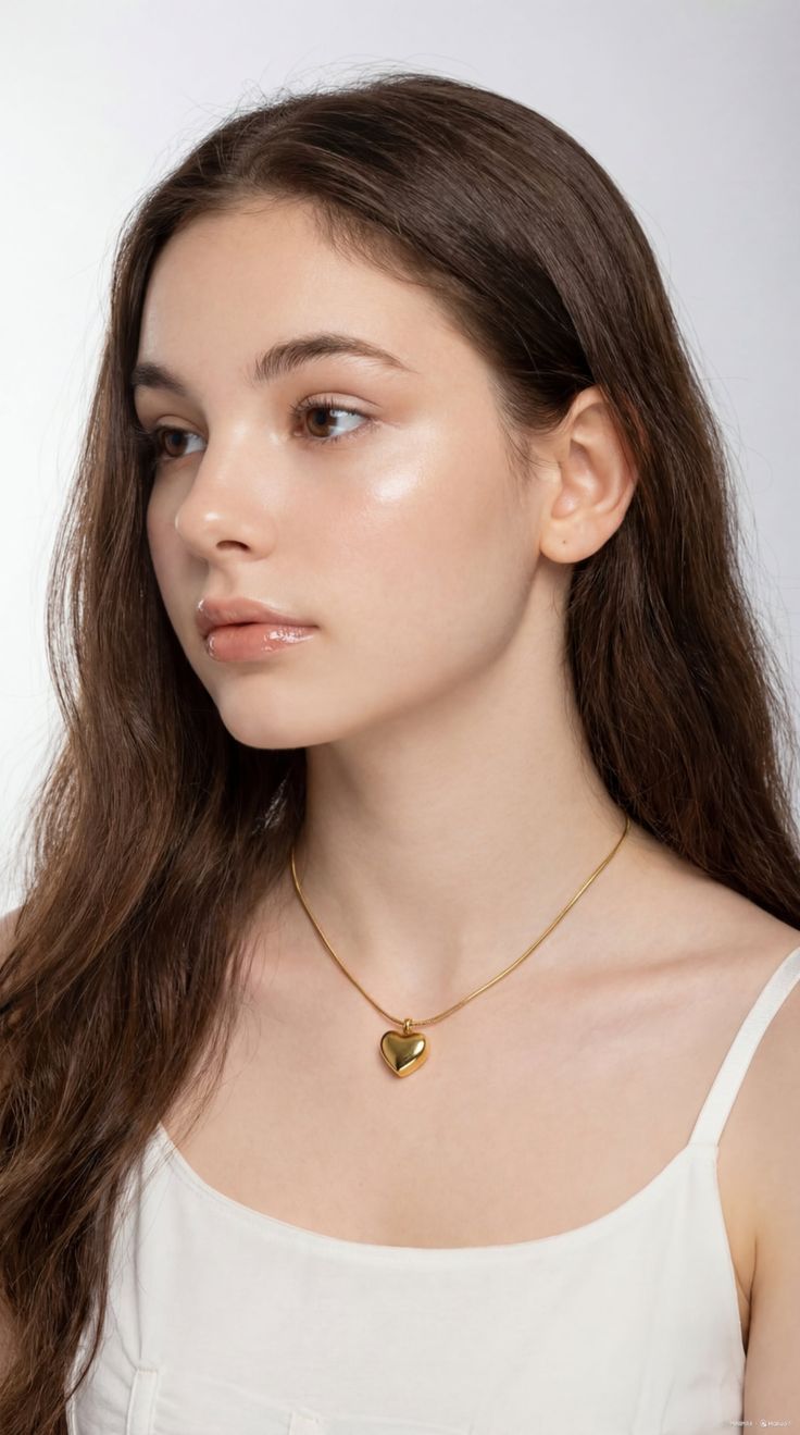Woman with long brown hair wearing a heart necklace and white top
