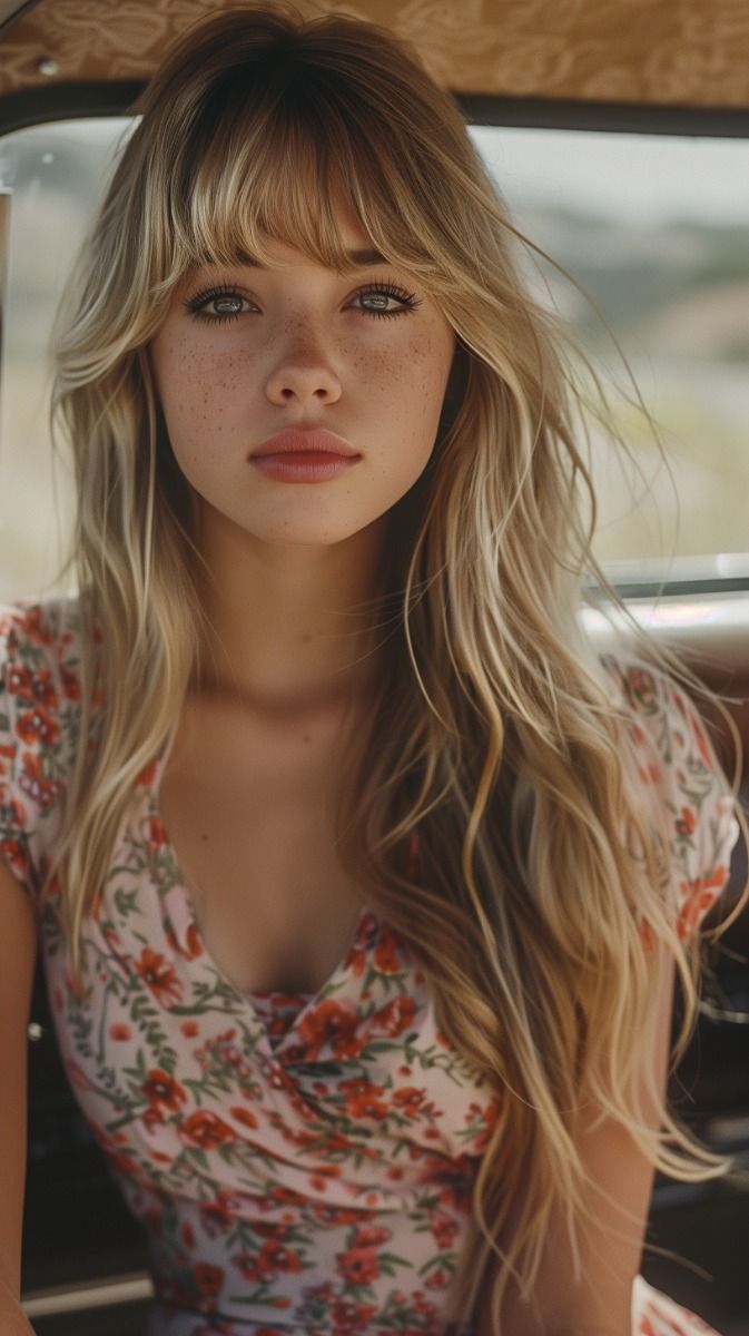 Woman with blonde hair and freckles wearing a floral dress
