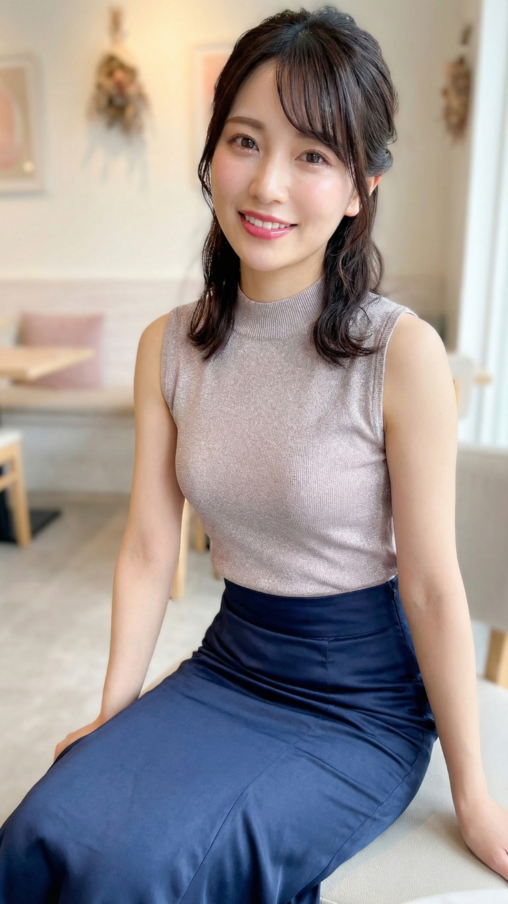 Woman in a sleeveless top and long skirt smiling indoors