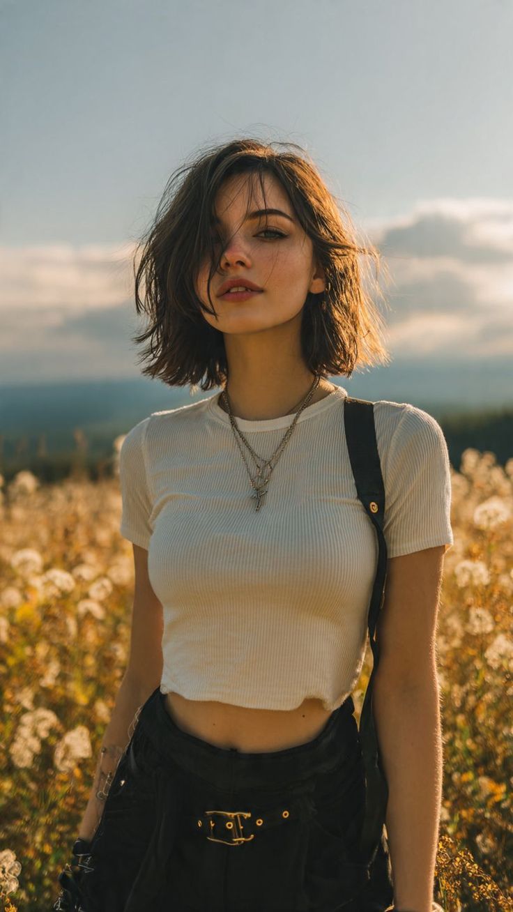 Woman with short hair in a crop top standing in a field at golden hour