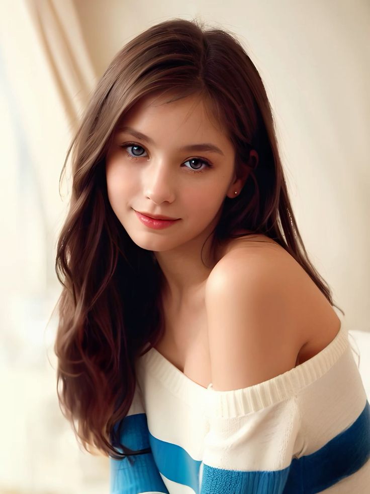 Young woman with long brown hair and blue eyes wearing an off-shoulder striped top