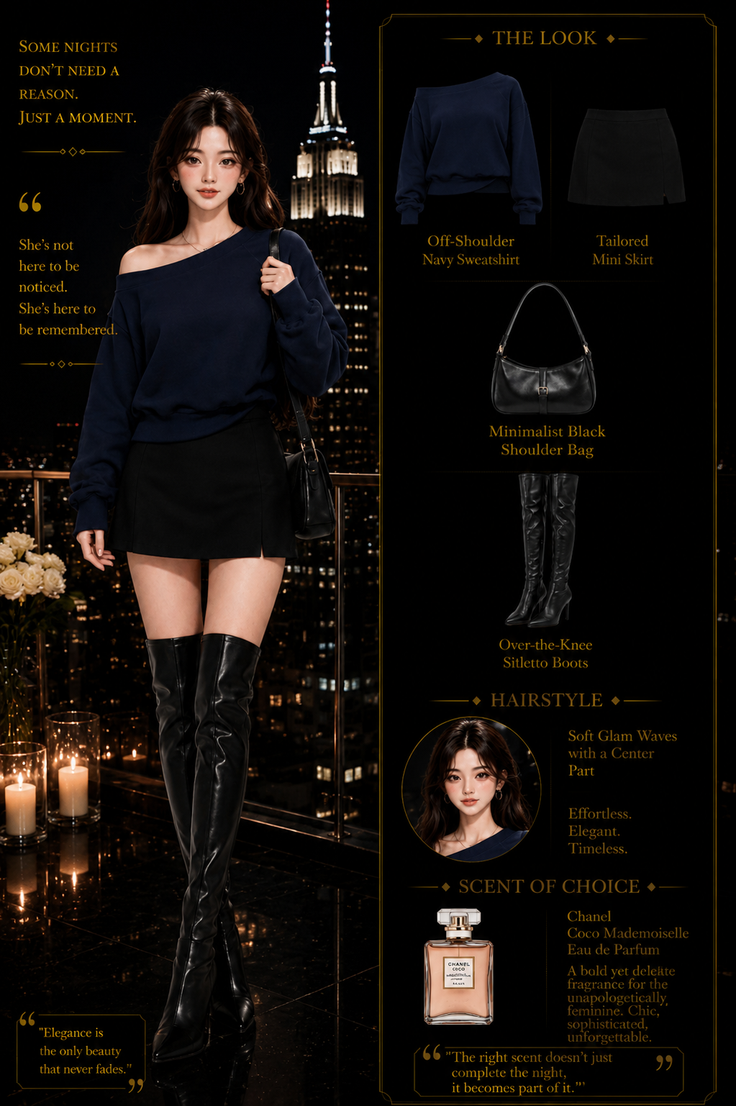 Woman in an off-shoulder top and mini skirt with over-the-knee boots at night