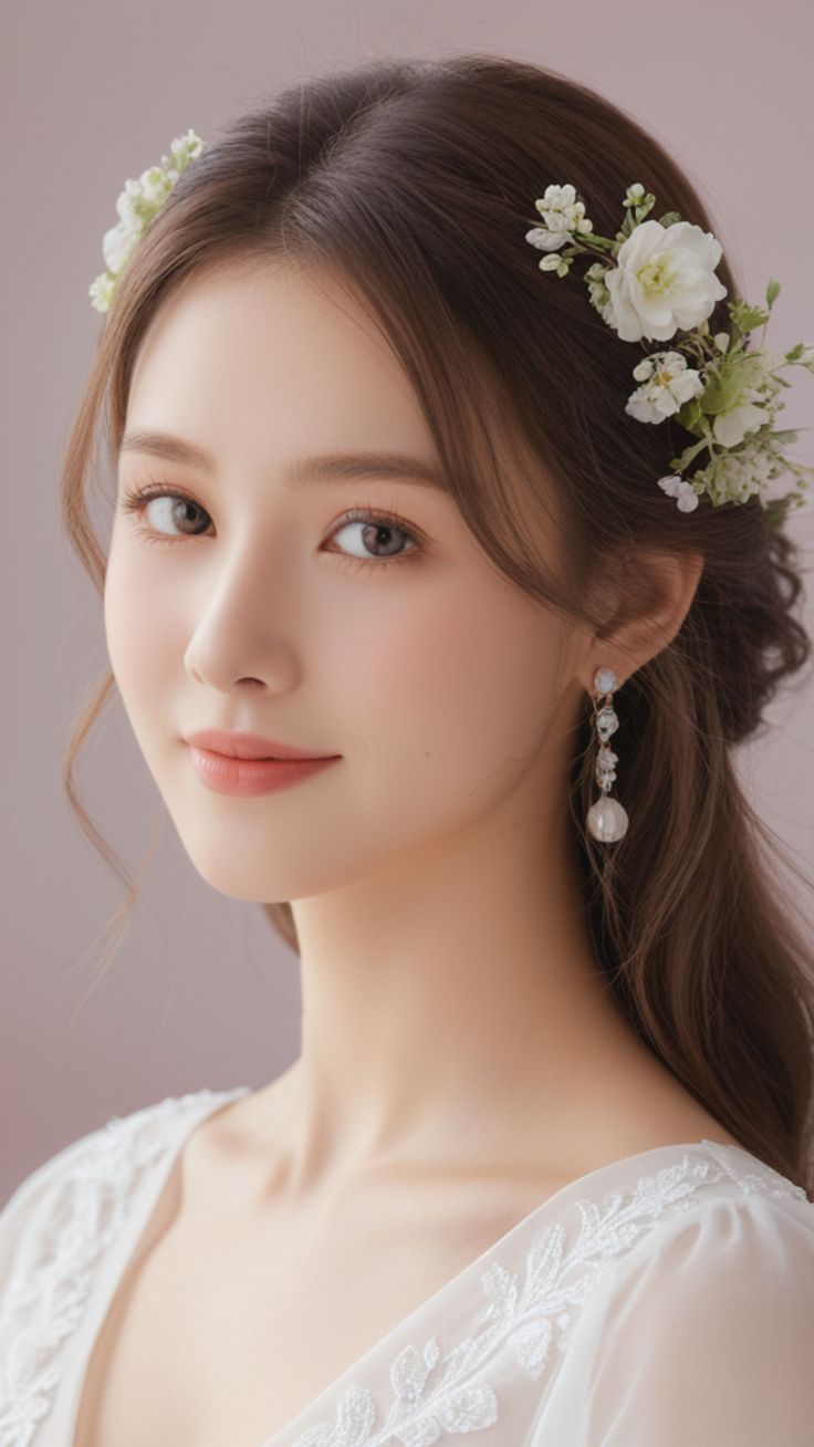 Woman with long brown hair and a flower crown wearing a white dress
