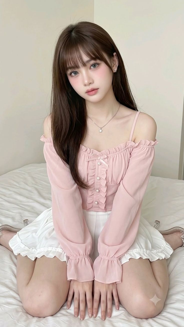 Woman with long hair wearing a pink off-shoulder top and white ruffled skirt