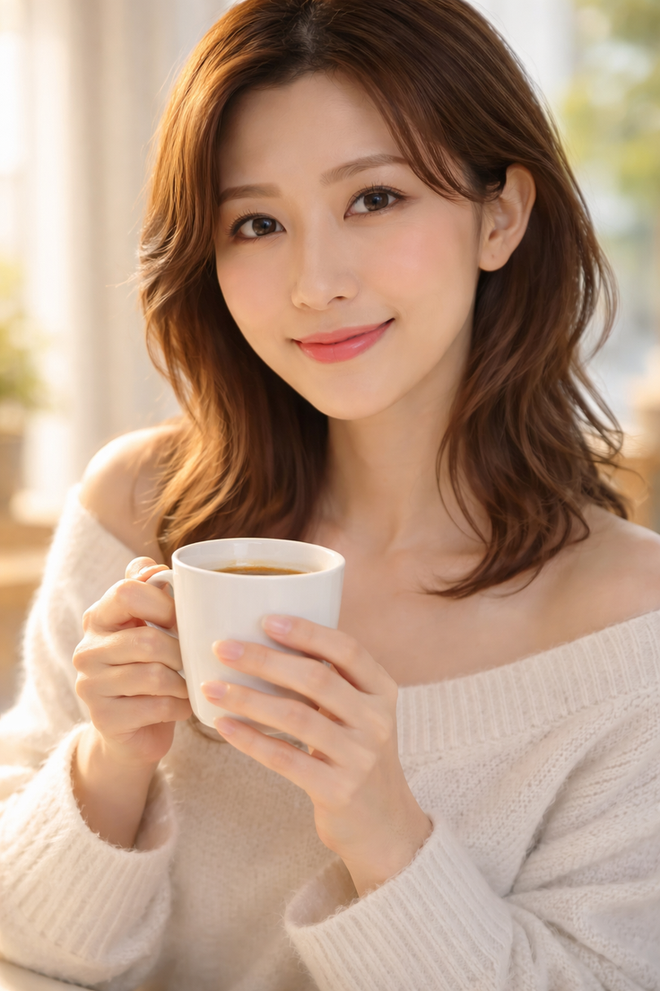 Woman in an off-shoulder sweater holding a mug with soft, warm lighting
