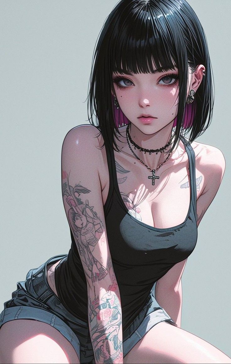 Anime style girl with black hair and purple highlights wearing a tank top