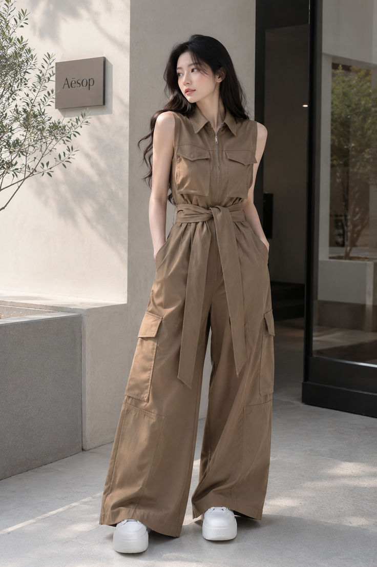 Woman in a brown jumpsuit and white sneakers standing outdoors