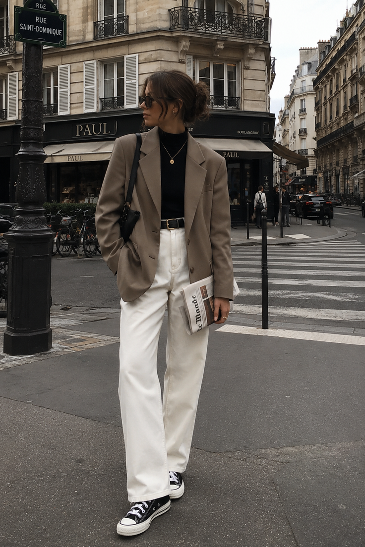 Woman in a blazer and white pants on a city street holding a newspaper