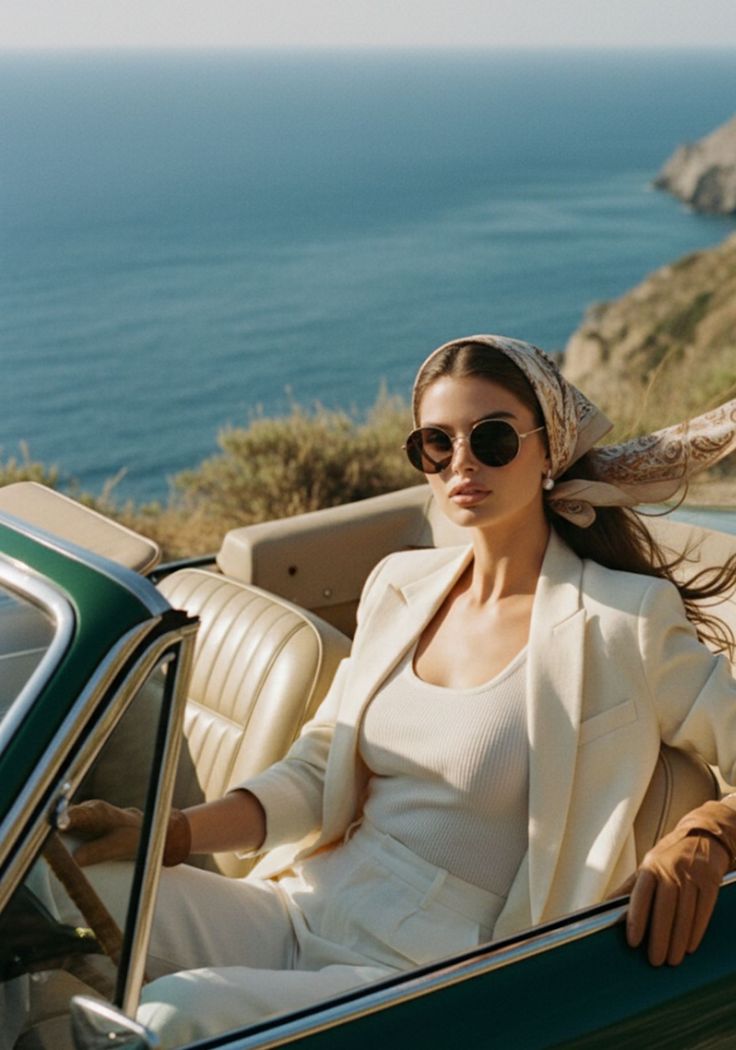 Woman in a convertible car with a head scarf and sunglasses overlooking the ocean