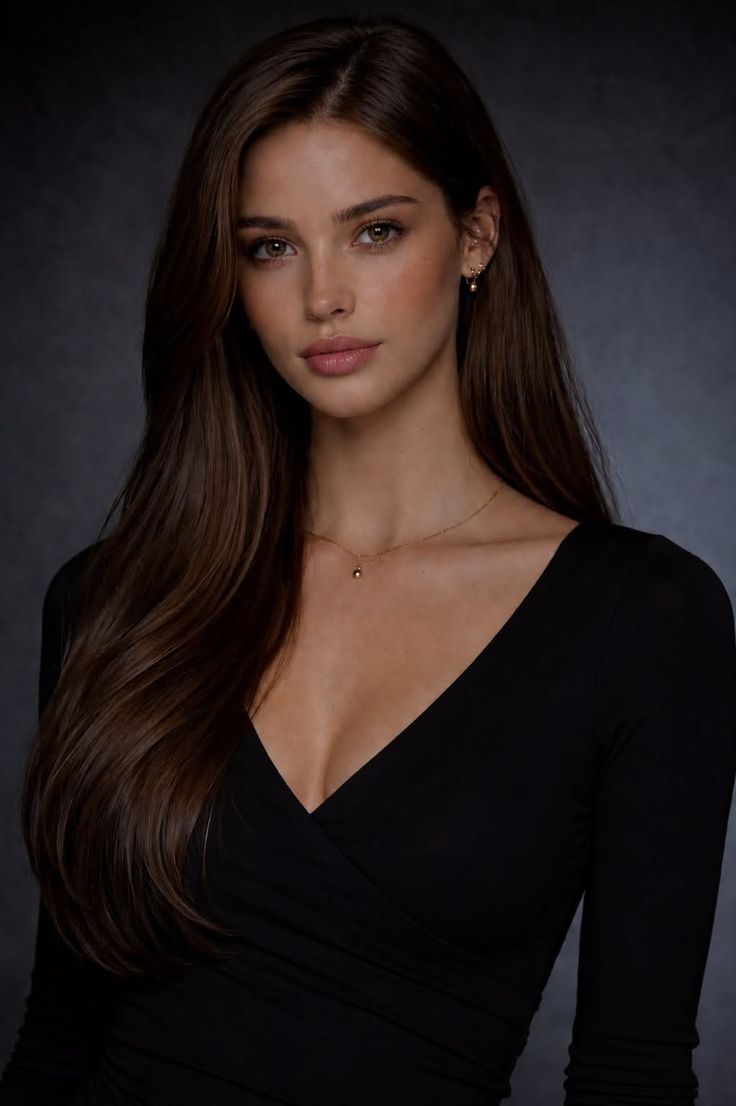 Woman with long brown hair wearing a black dress and delicate jewelry