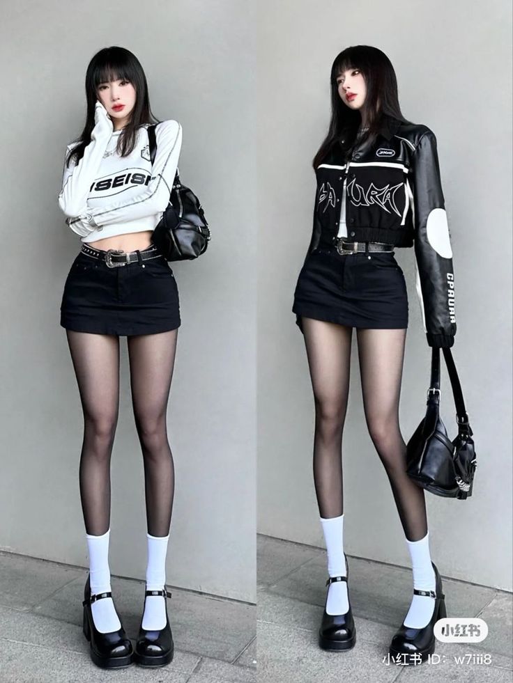 Woman in two outfits featuring a mini skirt, tights, and mary jane shoes