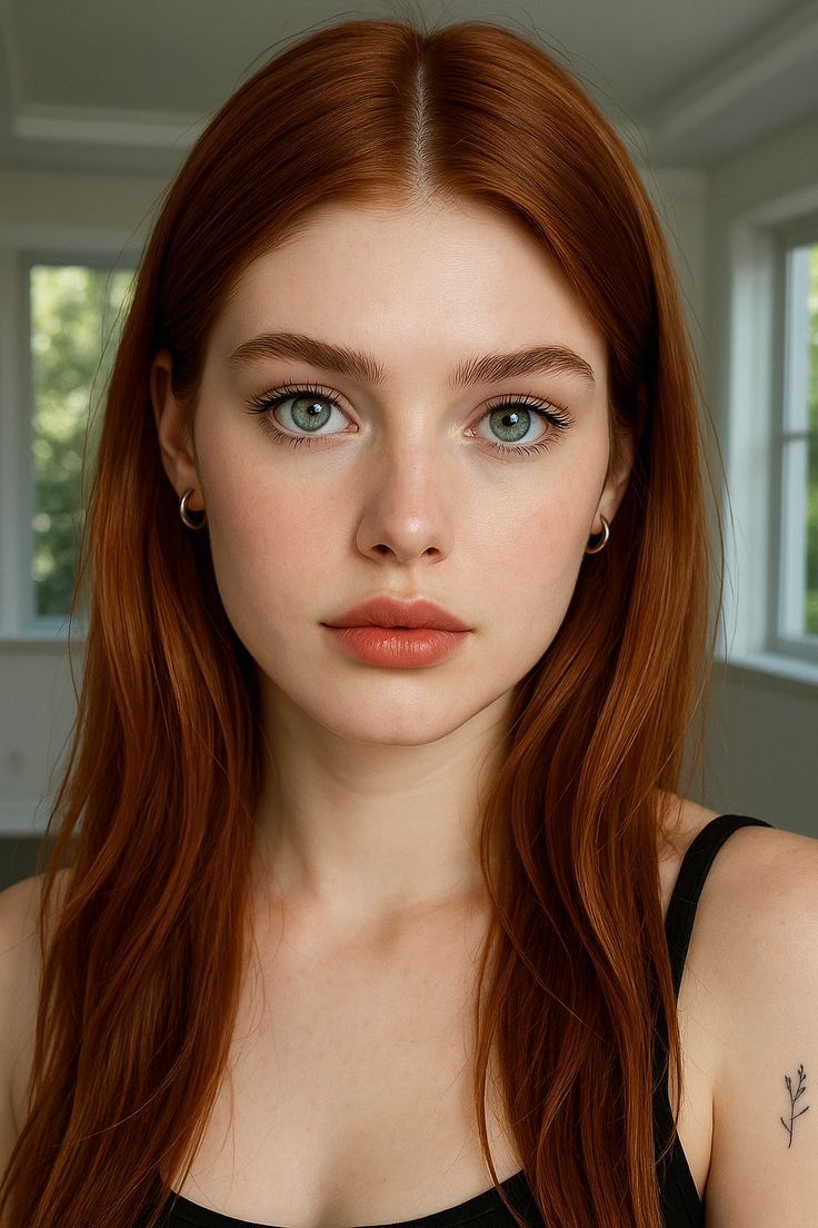 Woman with long red hair and green eyes in an indoor setting