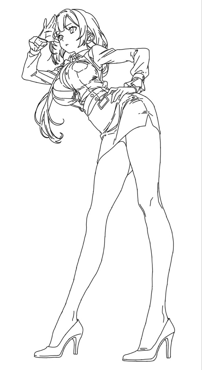 Anime girl in a short skirt and high heels striking a provocative pose