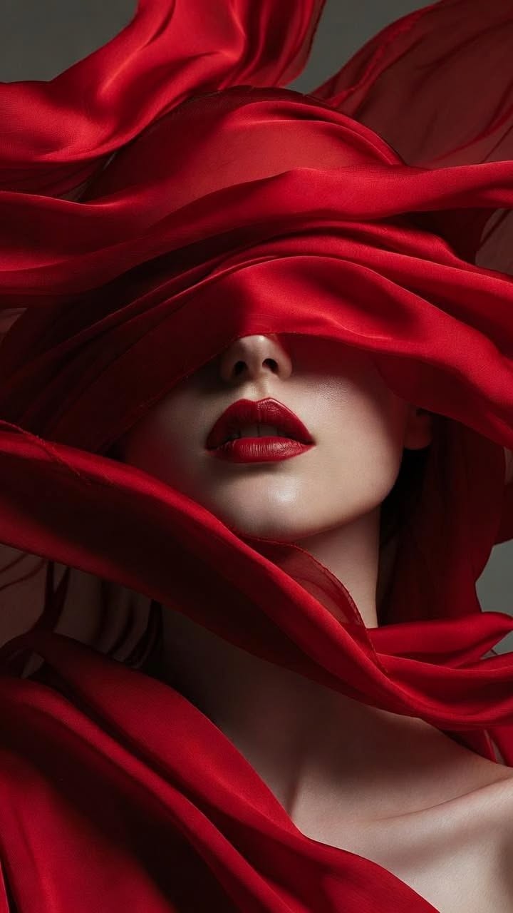 Woman with red lipstick and red fabric covering her eyes