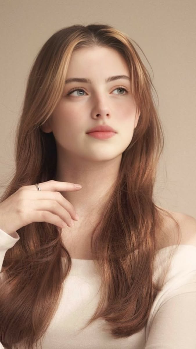 Woman with long light brown hair and an off-shoulder top looking up