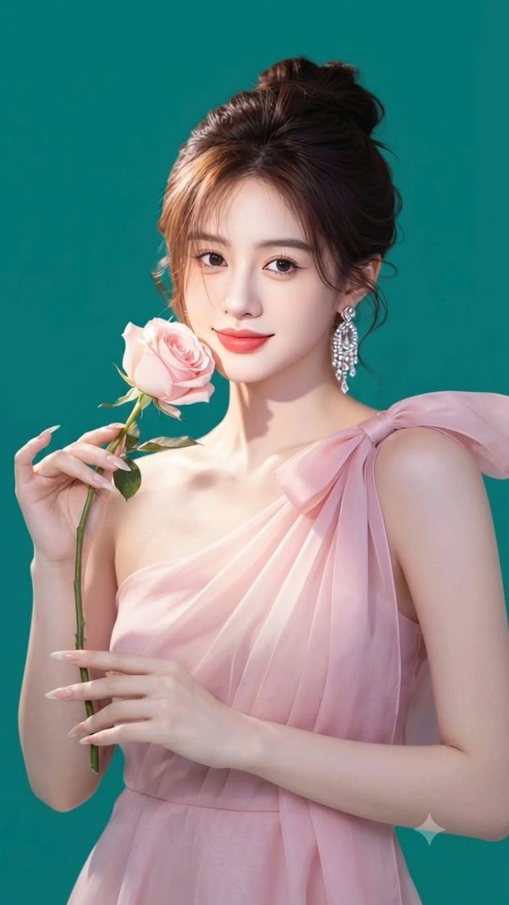 Woman in a pink dress holding a pink rose against a teal background