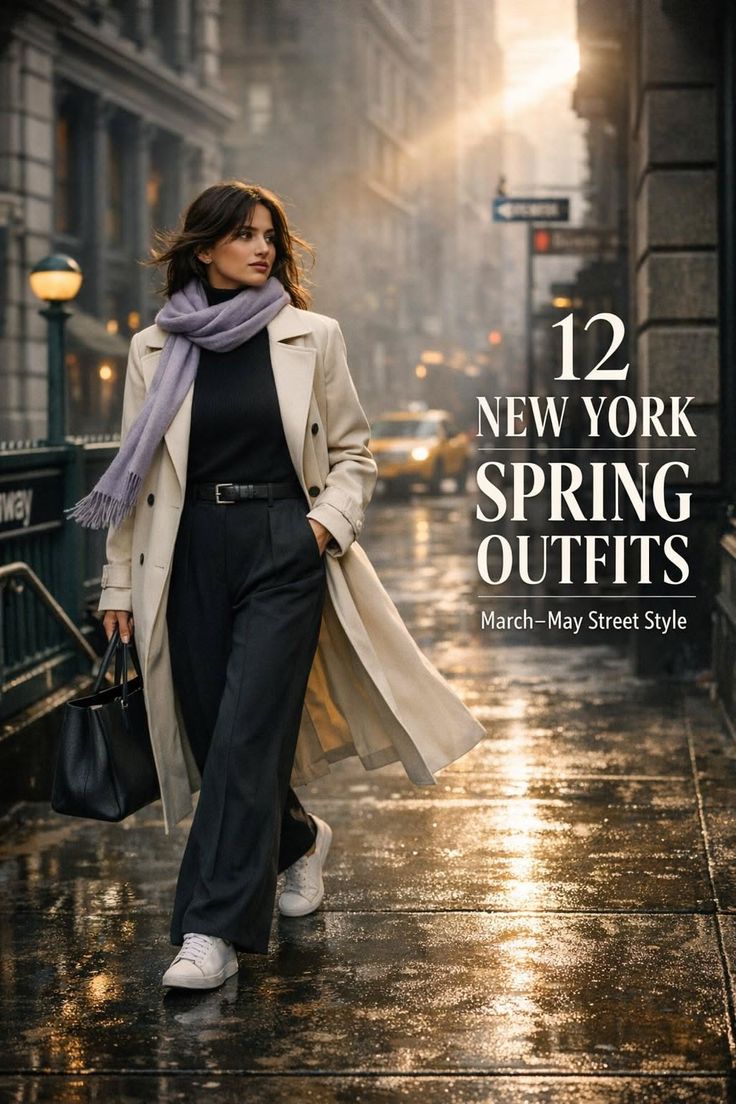Woman in a long coat and scarf walking on a wet city street