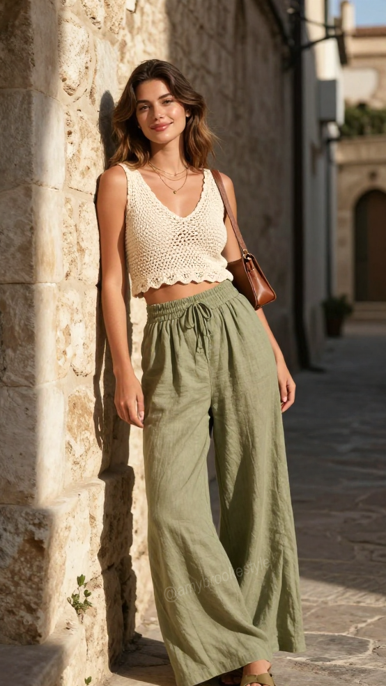 Woman in a crochet top and wide leg pants leaning against a stone wall