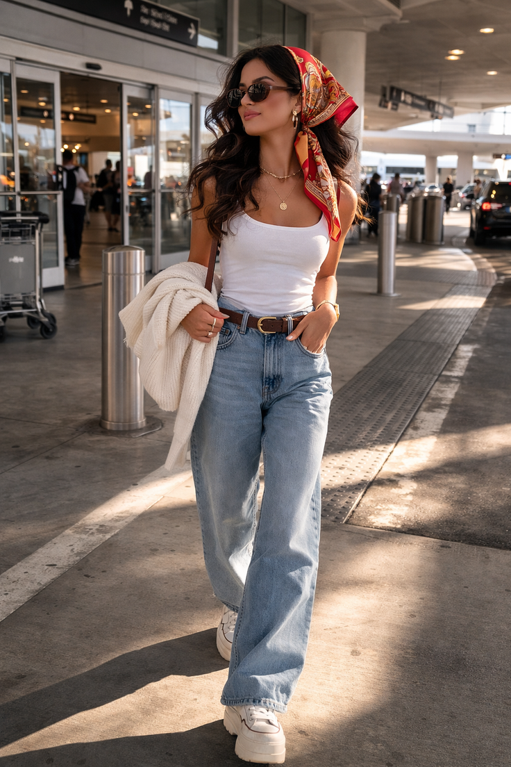 Woman in a white tank top and jeans walking outdoors on a sunny day