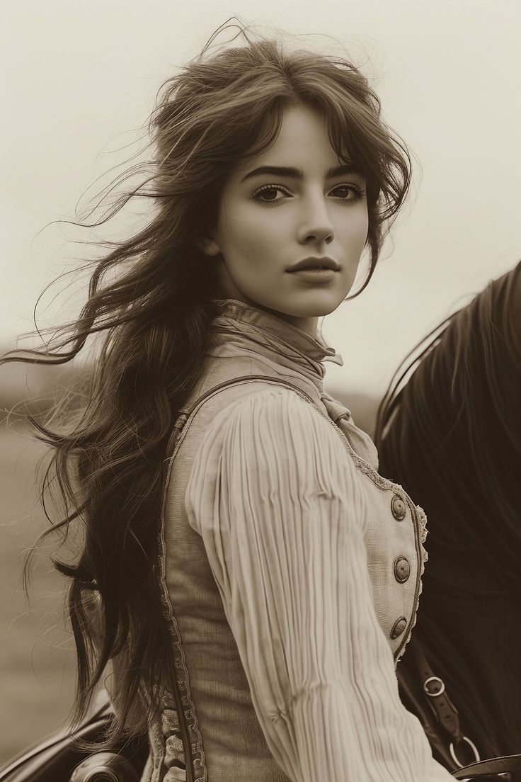 Woman with long, flowing hair in period clothing, looking over her shoulder