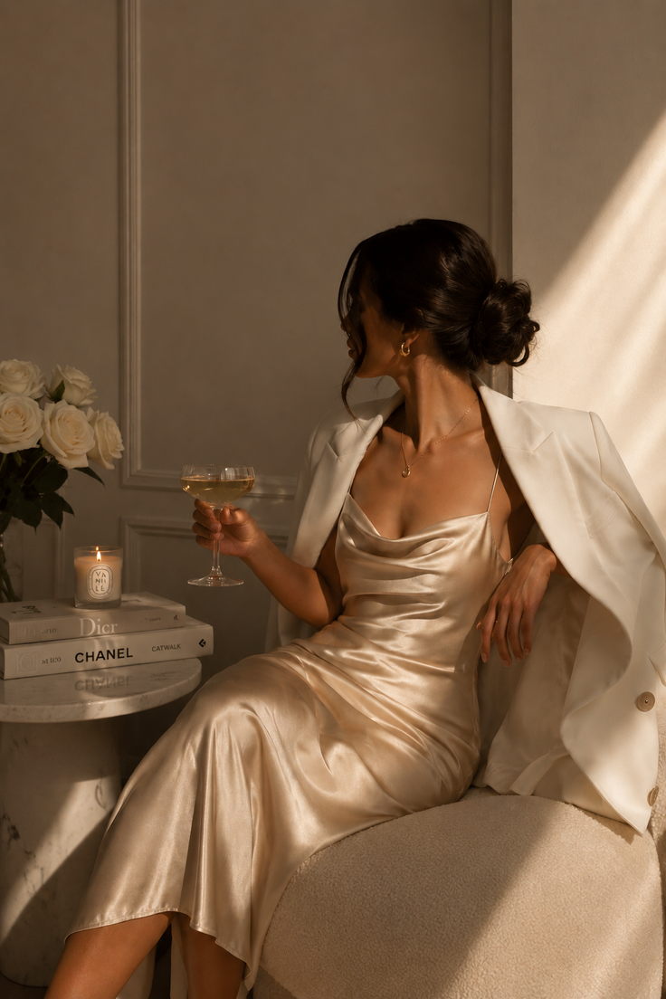 Woman in a satin dress and white blazer holding a champagne glass indoors