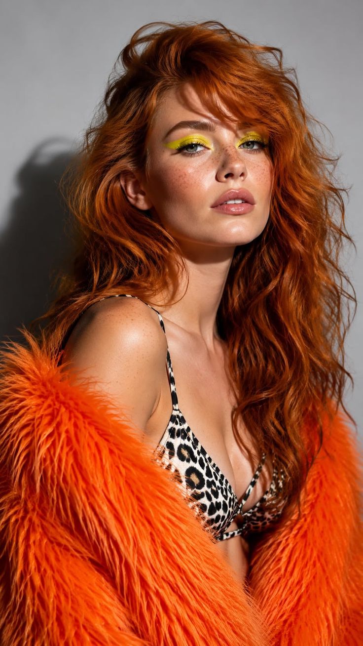 Woman with long red hair and yellow eyeshadow wearing a leopard print bikini and orange fur coat
