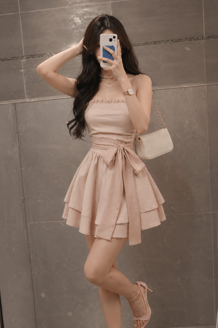Woman in a pink dress taking a mirror selfie indoors