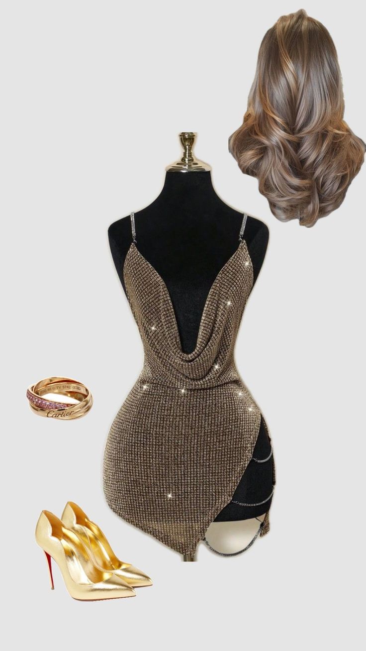 Sparkly gold dress on a mannequin with gold heels, jewelry, and long hair