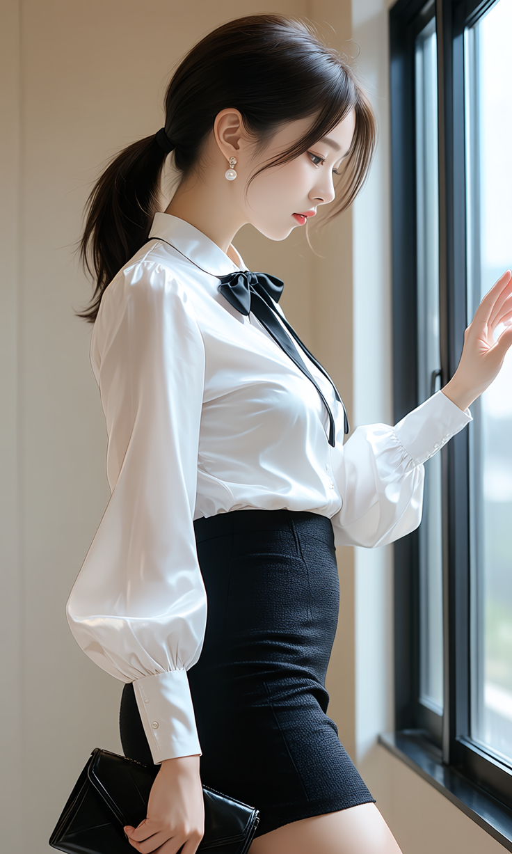 Woman in a white blouse and black skirt looking out a window