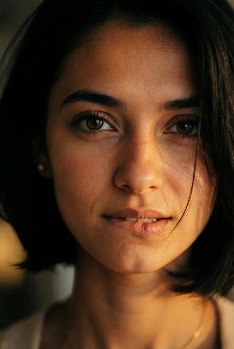Close up portrait of a woman with short dark hair and warm lighting
