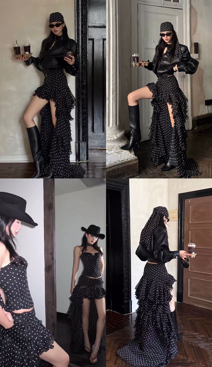 Woman in a black polka dot ruffle skirt and black boots indoors