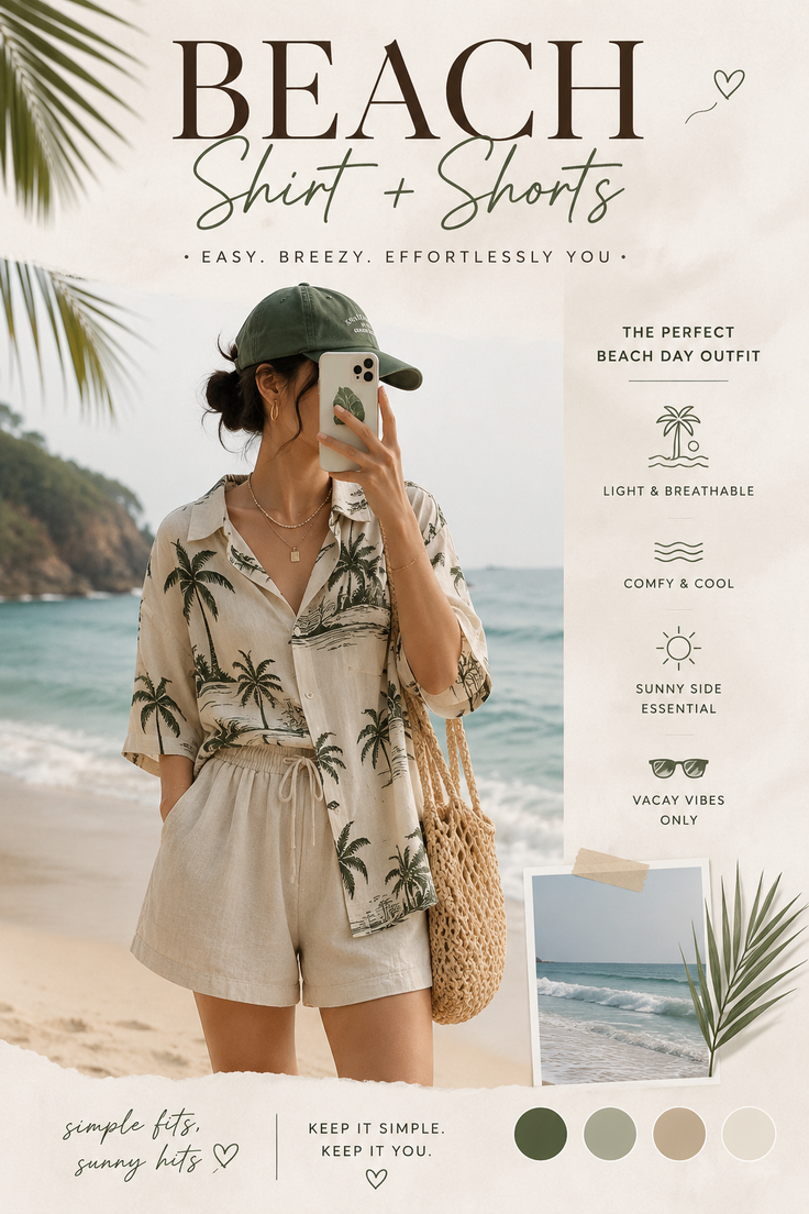 Woman in a palm tree shirt and shorts on a beach, holding a phone