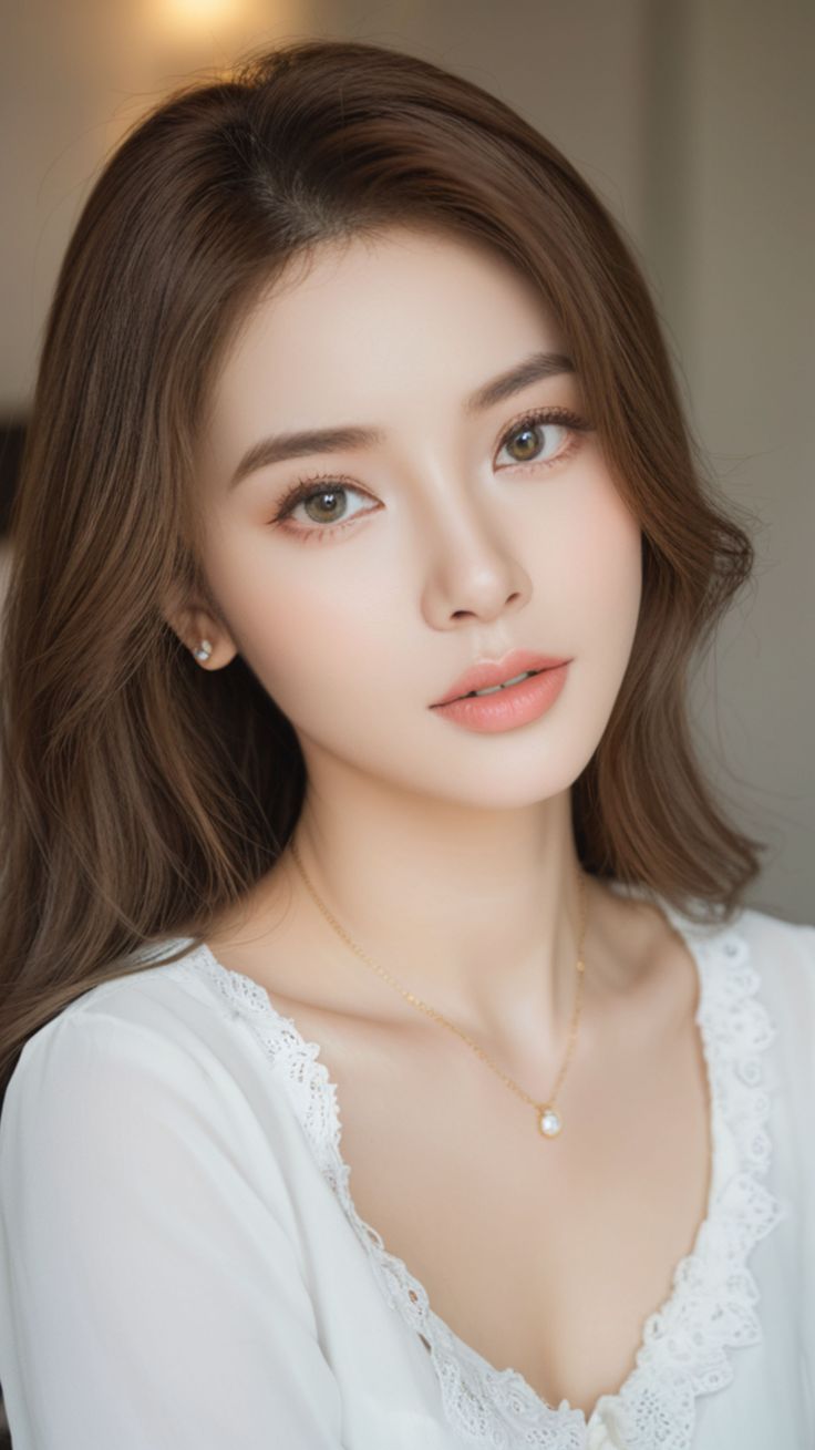 Woman with long brown hair wearing a white top with lace trim and a pearl necklace