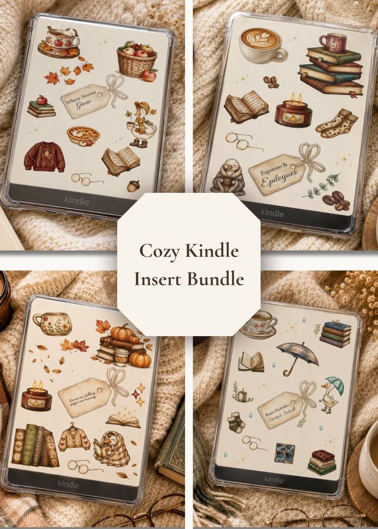 Four Kindle inserts with cozy, autumn, and coffee-themed illustrations