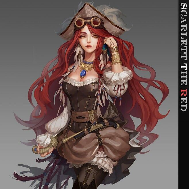 Illustration of a woman with long red hair wearing a pirate hat and corset