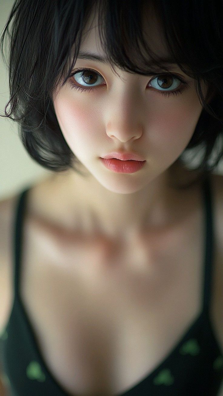 Woman with short black hair and dark eyes in a close-up portrait
