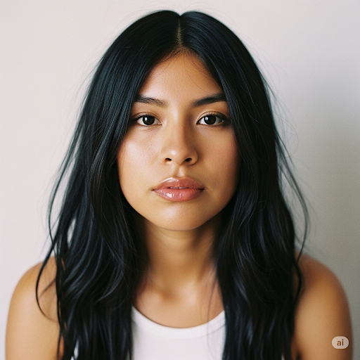 Woman with long black hair and glossy lips wearing a white tank top