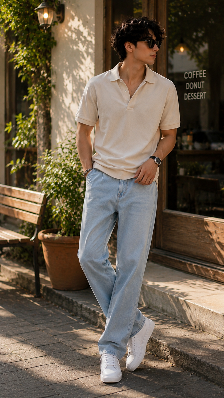 Man in a polo shirt and light wash jeans standing outdoors