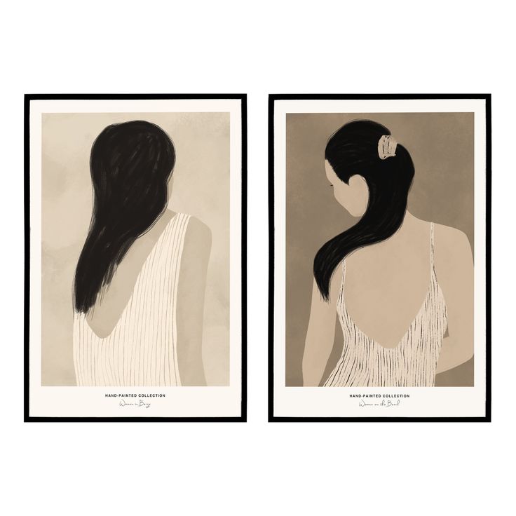 Two minimalist illustrations of women with long black hair from behind